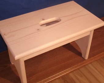 9" Wooden step stool with hand hole , unfinished unfinished pine 9" tall,  16" long, wooden bench, bathroom stool