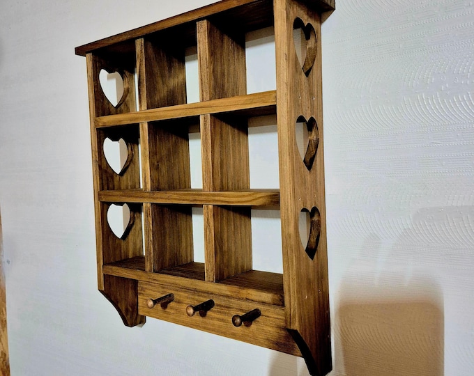 Trinket shelf, wooden heart shelf, heart shelf with pegs, wooden shadow box, Rustic heart shelf, trinket shelf with pegs,  heart wall shelf