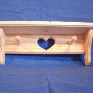 Rustic Country wooden Pine 12" Shelf with heart and pegs, unfinished Wall Shelf Handmade