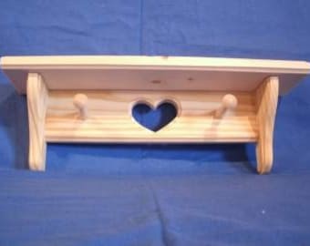 Rustic Country wooden Pine 12" Shelf with heart and pegs, unfinished Wall Shelf Handmade
