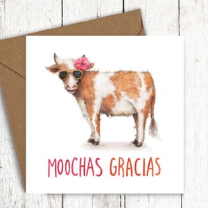 Puede incluir: Una vaca blanca y marr&oacute;n con gafas de sol rosas y una flor rosa en la cabeza. La vaca est&aacute; de pie sobre un fondo blanco. El texto "Moochas Gracias" est&aacute; escrito en rojo y rosa debajo de la vaca.