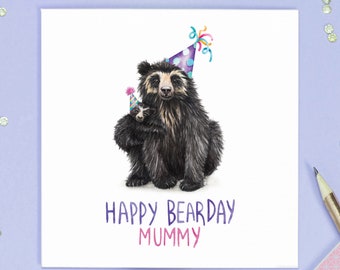 Tarjeta de cumpleaños del oso momia / Tarjeta de mamá nueva mamá / Lindo oso de anteojos Cub Pun