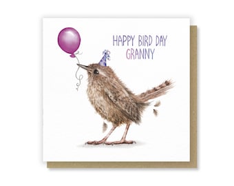Granny Birthday - Funny Wren Pun Watercolour Greetings Card