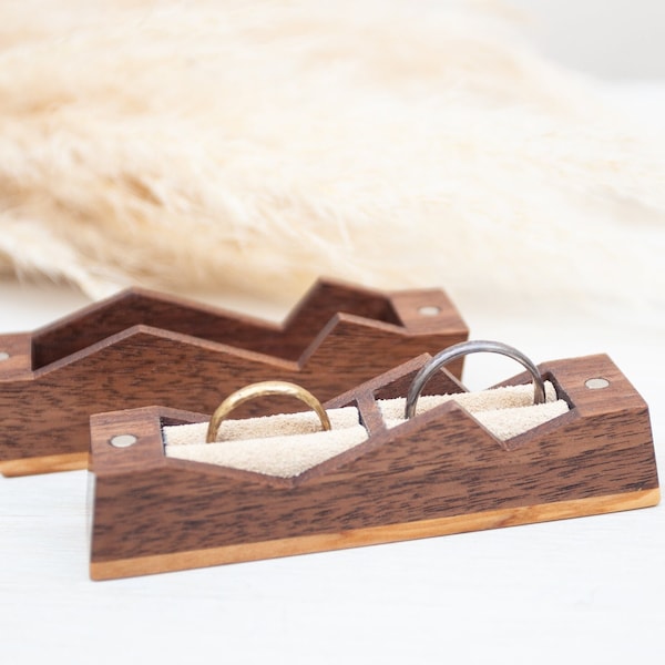 Double mountain ring box made from walnut and Greek olive wood, ring bearer box, unique wedding ring holder, anniversary gift -Made to order