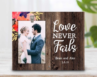 Wedding Gift For Couple - Love Never Fails - Newlywed Gift - Personalized Anniversary Frame - Wedding Couple Gift - Religious Photo Frame