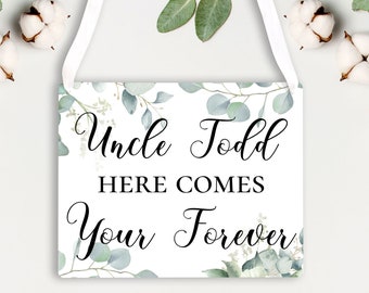 Here Comes Your Forever Eucalyptus Wedding Sign - Ring Bearer or Flower Girl Sign - Greenery Sign - Personalized 8x10" Metal Wedding Sign