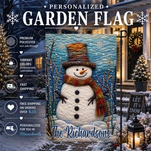 May include: A rectangular garden flag featuring a textured snowman with a multi-colored top hat and scarf, four black buttons, and an orange carrot nose. The text "The Richardsons" is printed in blue script at the bottom against a snowy blue background.