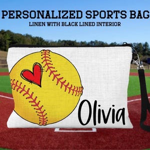 Softball Lined Cosmetic Bag, Personalized Softball Make Up Bag, Custom Girls Sports Bag, Soccer Team Gift, Sports Gift, Team Sports Gift