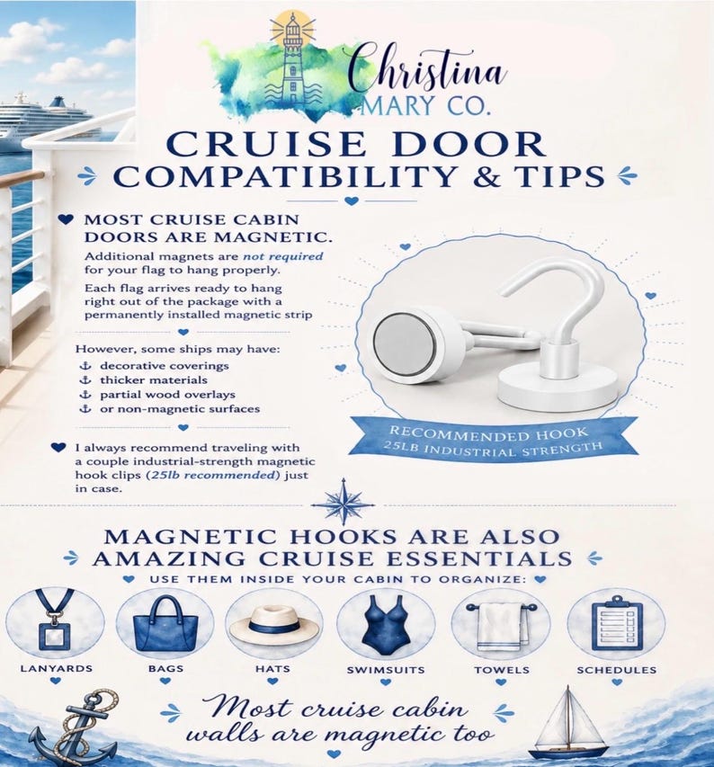May include: An informational graphic about cruise door compatibility and tips. It features a white magnetic hook with a 25lb industrial strength recommendation. The text highlights that cruise cabin doors are magnetic and suggests using magnetic hooks for organization.