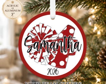 Cheerleader Christmas Ornament – Personalized Cheer Ornament with Custom Team Colors & Poms – Girls Sports Ornament Gift