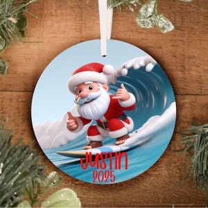 Santa Surfer Christmas Ornament, Personalized Surf Ornament, Personalized Ornament, Personalized Surfing Christmas Ornament