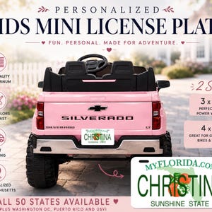 May include: A rectangular white personalized mini license plate featuring the text MYFLORIDA.COM at the top, the name CHRISTINA in large green letters, and SUNSHINE STATE at the bottom, with a graphic of an orange and green leaves.