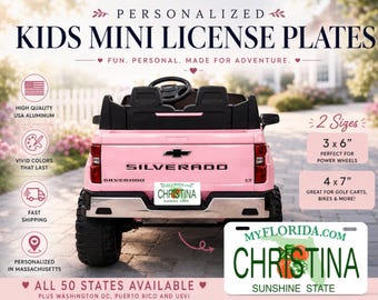 May include: A rectangular white personalized mini license plate featuring the text MYFLORIDA.COM at the top, the name CHRISTINA in large green letters, and SUNSHINE STATE at the bottom, with a graphic of an orange and green leaves.