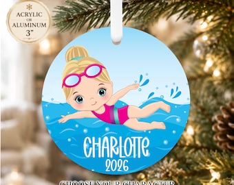 Girls Swimming Christmas Ornament – Personalized Female Swimmer Holiday Gift – Custom Swim Pool Keepsake for Kids or Teens