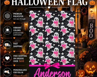May include: A rectangular Halloween flag featuring a repeating pattern of white ghosts with pink bows on a black background with white stars. The bottom section is a solid black band with a pink bow and the name Anderson in pink script text.