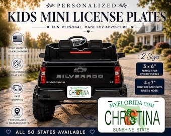 Personalized State Mini License Plate: Kids Car, Bike, Power Wheel Accessory