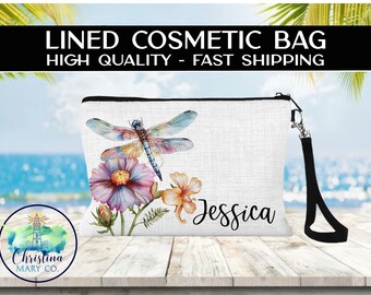 Dragonfly Floral Custom Bag, Personalized Dragonfly Toiletry Bag, Dragonfly Gift, Dragonfly Makeup Bag, Dragonfly Zipper Bag,