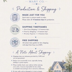 May include: A watercolor-style graphic with the text "CHRISTINA MARY CO." and information about production and shipping. The image includes a lighthouse, a house, and a sailboat, with text about custom orders and shipping times.