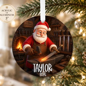 Blacksmith Santa Ornament – Forged Sword Christmas Ornament – Metalworker Gift
