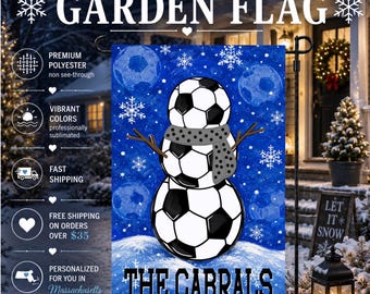Soccer Snowman Garden Flag, Winter Soccer Decor, Soccer Mom Gift, Youth Soccer Yard Flag, Sports Garden Flag