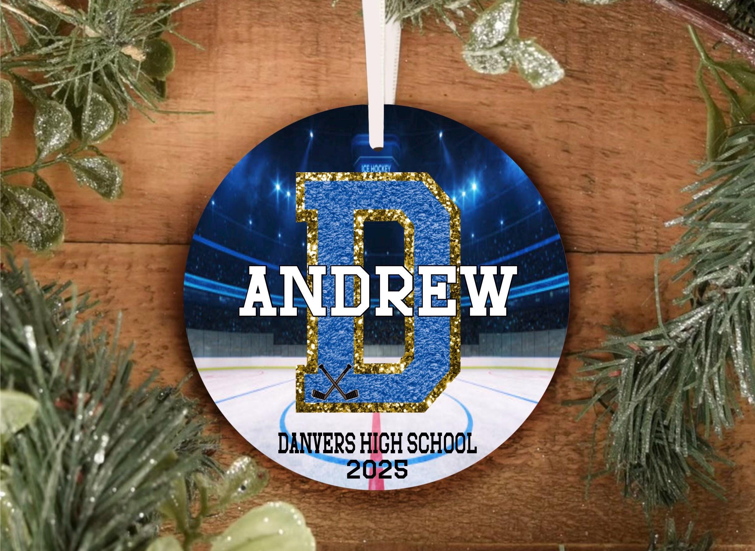 Personalized Varsity Letter Hockey Ornament, Varisty High School Sport Christmas Ornament, Personalized Hockey Christmas Ornament