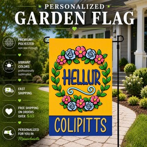 May include: A rectangular garden flag with a yellow background featuring a central wreath of pink and blue flowers surrounding the blue text HELLUR. Below the wreath is a blue horizontal band with the yellow text COLIPITTS at the bottom.