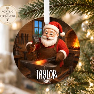 Blacksmith Forge Santa Christmas Ornament: Metalworking Holiday Decor