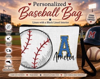 Baseball Lined Cosmetic Bag, Personalized Sports Make Up Bag, Girls Custom Sports Bag, Girls Baseball Gift, Team Sports Gift, Coach Gift
