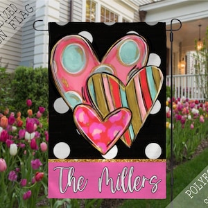 Valentines Triple Heart Glitter Flag, Valentine&#39;s Day Personalized Flag, Garden Flag, Garden Decor, February Flag
