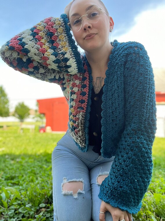 Crocheted Cropped Teal \u0026 Multi-color 