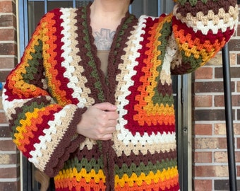 Multicolor Fall Colors Crocheted Oversized Hexagon Cardigan