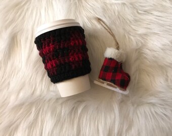 Red Buffalo Plaid Cup Cozy//Crocheted Cup Cozy