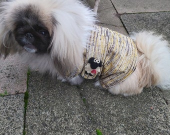 Small Faux fur collar tweed dog pet coat jacket with sheep motif Couture hand made item Mama's Pets designs