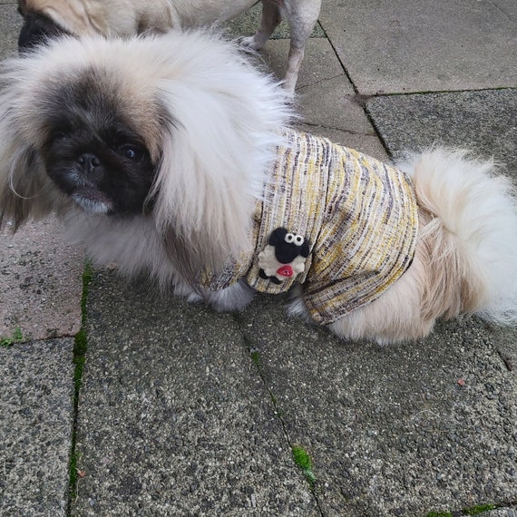Small Faux Fur Collar Tweed Dog Pet Coat Jacket With Sheep Motif