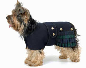 CHEST 12 inch X Small , Traditional Scottish Dog Kilt Stewart red tartan attached jacket gold button trim.