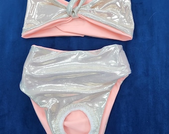 MEDIUM 18 in chest hand made Shiny Silver Spandex Dog Bikini,