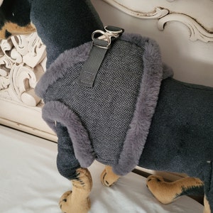 LARGE Luxury Fur lined herringbone tweed dog harness chrome plated hardware