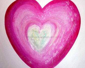 May include: A pink heart with glitter and a white heart inside. The text "only love sets you free" is written around the white heart.