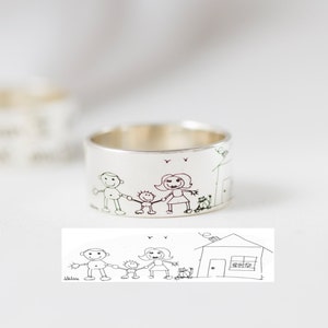 Children Artwork Ring • Personalized Kid Drawing Ring in Sterling Silver • Custom Men's Band • Memorial Gift • Christmas Father Gift • RM23