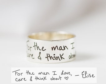 Custom Handwriting Ring • Wide Handwriting Band in Sterling Silver • Keepsake Gift • Wedding Bands • Personalized Gift • Gift for Him • RM23