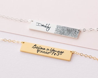 Custom Fingerprint Necklace • Actual Fingerprint Bar Necklace • Engraved Handwriting Jewelry • Personalized Memorial Gift for Her • NM22