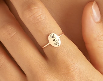 Dainty Birth Flower Ring in Sterling Silver, Gold, and Rose Gold • Flower Signet Ring • Floral Ring • Personalized Gift For Mom • RM52a