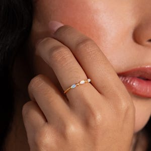 Trio Opal Gemstone Ring • Diamond Crystal Marquise Ring • Delicate Engagement Ring • Dainty Celestial Jewelry • Girlfriend Gift • RR072