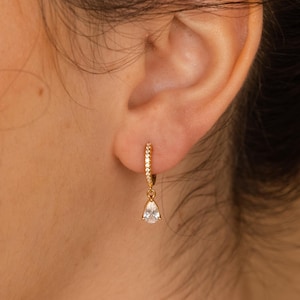 Diamond Teardrop Earrings • Pave Hoop Earrings with Dangling Diamond Charm • Crystal Earrings • Bridal Jewelry • Gift for Her • ER117