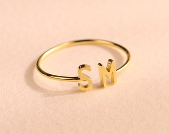 Duo Initial Ring • Custom Tiny Letter Ring • Dainty Stackable Ring in Gold, Rose Gold, Sterling Silver • Personalized Mom Gift • RM74F43