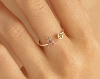 Dainty Initial Birthstone Ring • Personalized Letter Ring • Custom Birthstone Ring • Stackable Rings in Gold • Birthday Gift • RM06F53
