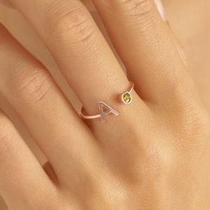Dainty Initial Birthstone Ring Personalized Letter Ring Custom Birthstone Ring Stackable Rings in Gold Birthday Gift RM06F53 image 1