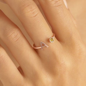 Dainty Initial Birthstone Ring • Personalized Letter Ring • Custom Birthstone Ring • Stackable Rings in Gold • Birthday Gift • RM06F53