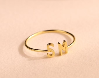 Duo Initial Ring • Custom Tiny Letter Ring • Dainty Stackable Ring in Gold, Rose Gold, Sterling Silver • Personalized Mom Gift • RM74F43