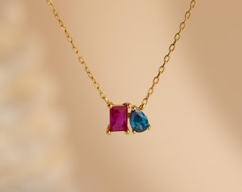 Custom Toi Et Moi Birthstone Necklace • Dainty Baguette Pendant Necklace • Gemstone Charm Necklace • Personalized Jewelry • Mom Gift • NM140